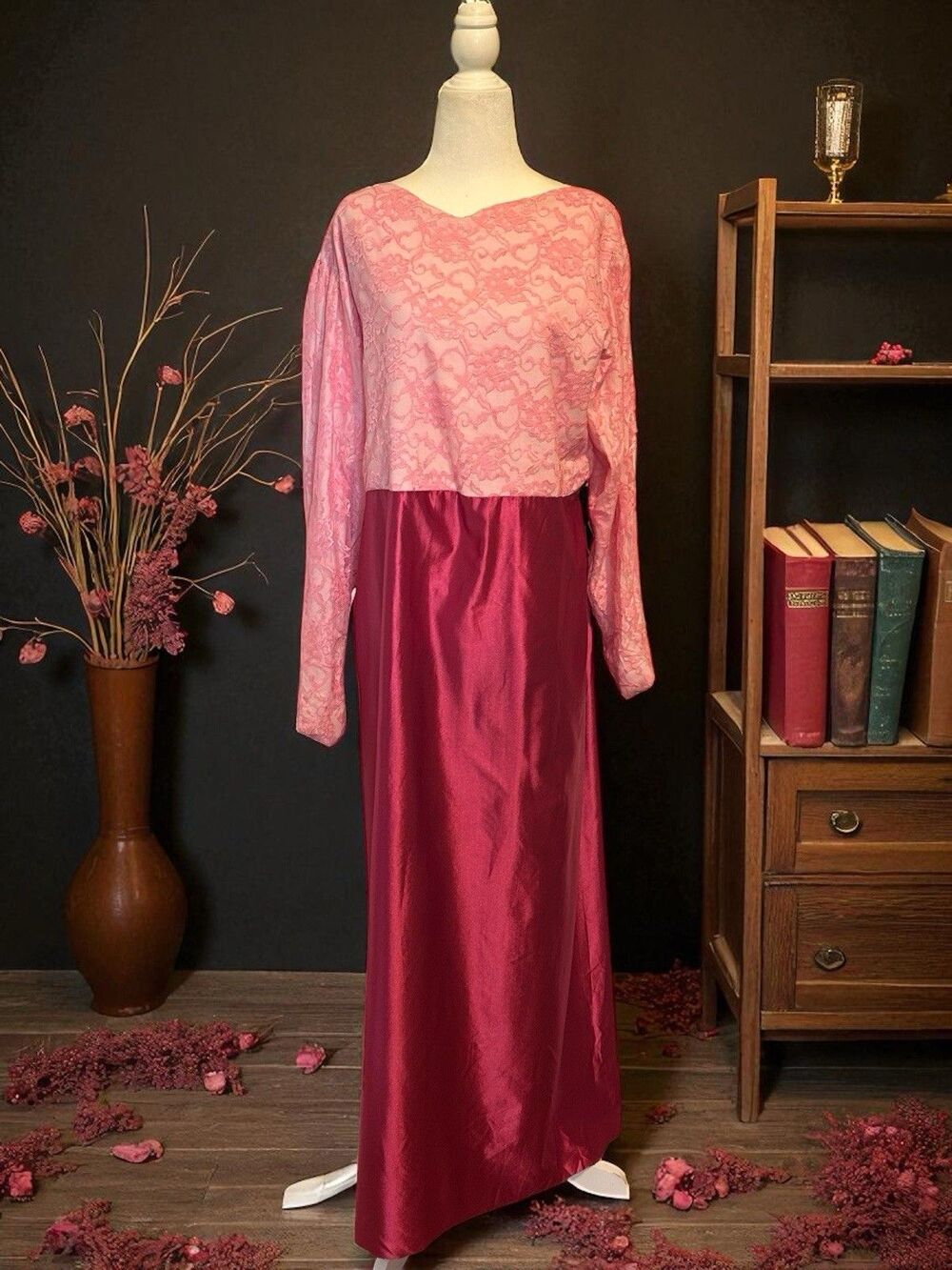 Vintage 1970s Victorian Dress Satin Pink Lace Corset Back Maxi Dress Sz L-XL 36w